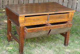 Rustic Wood Baker S Table With Metal Potbelly Drawers Bakers Table Hoosier Cabinets Rustic Wood