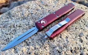 Microtech Ultratech OTF 122-10MR Merlot Red Anodized Aluminum & Stonewash 3.4” M390 D/E Dagger