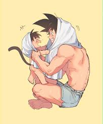 nachos (chos na), son gohan, son goku, dragon ball, dragonball z,  absurdres, highres, 2boys, black hair, child, closed eyes, drying, father  and son, grin, happy, male focus, monkey tail, multiple boys, nude,