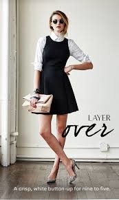 Patterned Shirt Under Black Dress Work Outfits Black Dress Outfits Dresses Shirt Under Dress