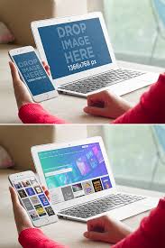 Placeit Iphone 7 And Macbook Air Mockup Of Young Woman Sitting At A Table Iphone Macbook Mockup Macbook