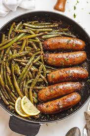 Garlic Butter Sausages Recipe With Lemon Green Beans Healthy Recipes Lemon Green Beans Green Bean Dishes