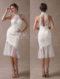 Beach Wedding Dresses Short Mermaid Bridal Dress Halter Open Back Lace Pleated Knee Length Wedding Gowns For Summer Short Wedding Dress Beach Short Wedding Dress Short Lace Wedding Dress