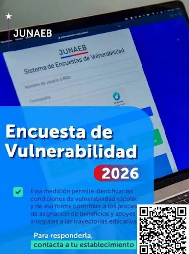 📋 PROCESO JUNAEB 2026: ENCUESTA DE VULNERABILIDAD ESTUDIANTIL 📋 Estimada comunidad de padres, madres y apoderados: informamos que la Junta Nacional de Auxilio Escolar y Becas (JUNAEB) se encuentra aplicando la Encuesta