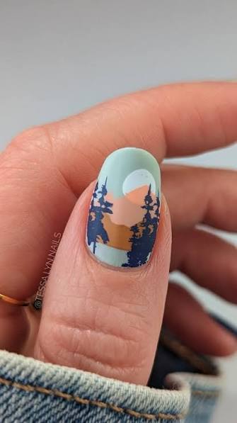 Mountain Landscape Tutorial 🏞️🎥, •, •, •, Polish:, @oliveandjune KMC,  @loudlacquer Denim Denim Denim, @whatsupnails Apricot Horizon,  @hellomaniology Bam White, Caramel, Smudge -Free Top Coat (link in ...