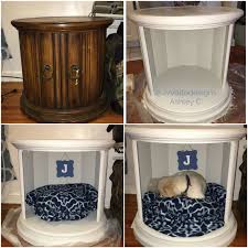 I Turned This 8 Thrift Store End Table Into A Combination Dog Bed End Table I Removed The Doors And Filled In The Screw Ho Dog Bed Dog House Bed Diy Dog