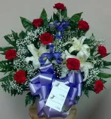 Red Carnation White Siberian Lily And Blue Iris With Babys Breath Sympathy Floor Basket Funeral Arrangements Red Carnation Floral Arrangements