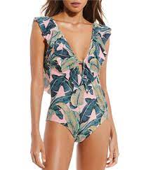 Gianni Bini Palm Print Ruffle Plunge One Piece Swimsuit Dillard S One Piece Plunging One Piece Swimsuit Women S One Piece Swimsuits