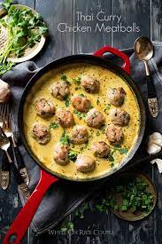 Thai Curry Chicken Meatballs In Curry Sauce White On Rice Couple Recipe Chicken Meatball Recipes Recipes Curry Recipes