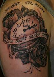 Black And Grey 3d Pocket Watch With Rose And Banner Tattoo On Shoulder Rose Tattoos Rose Shoulder Tattoo Clock And Rose Tattoo