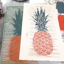 Block print on cotton muslin. Printmaking Pineapple First Pull Linoleum Block Print Linocut Art Linoleum Block Printing Linocut Prints
