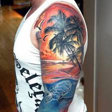 Male Upper Sleeve Palm Tree And Swimming Turtle Sunset Tattoo Hawaiiantattoos Sunset Tattoos Beach Tattoo Hawaiian Tattoo
