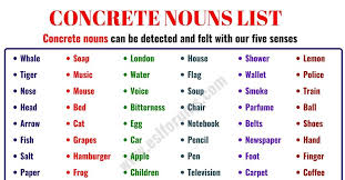 Concrete Noun Important List Of 60 Concrete Nouns In English Concrete Nouns Nouns English Teaching Materials