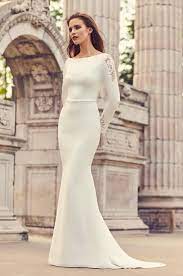 Long Sleeve Crepe And Lace Fit And Flare Wedding Dress With Bateau Neckline Mi Wedding Dresses Kleinfeld Fit And Flare Wedding Dress Wedding Dress Necklines