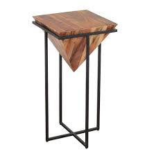 30 Inch Pyramid Shape Wooden Side Table With Cross Metal Base Brown A In 2020 Wooden Side Table Side Table Wooden Tops