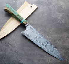Birch Turquoise Damascus Chef 240mm Eatingtools Com Damascus Kitchen Knives Kitchen Knives Handmade Chef Knife