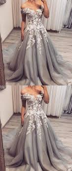 Generous Off Shoulder Grey Ball Gown Sweep Train Prom Dress With Appliques Grey Prom Dress Prom Dress With Train Chic Evening Dress
