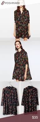 | zara black beige stylized floral print dress medium short sleeves unlined. Zara Floral Print Mini Shirt Dress L Mini Shirt Dress Printed Shirt Dress Printed Mini Dress