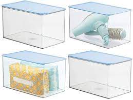 Wall mounted self adhesive organiser hanging storage box bath container rack. Amazon Com Mdesign Stackable Bathroom Storage Box With Lid Container For Organizing Hand Soaps Body Wash Shampoos Conditioners Hand Towels Hair Accessories Body Spray 4 Pack Clear Light Blue Home Kitchen