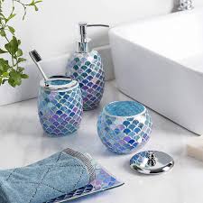Buy glass 6 piece bathroom accessory set includes soap dish, waste basket, toothbrush holder, tissue box, soap dispenser and tumbler: 4 Pieces Bathroom Accessory Set Bright Colored Mosaic Glass Bath Ensem Home And Time