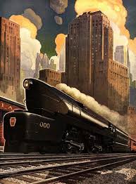 1940s Pennsylvania Railroad Travel Poster Featuring The T1 The Last Steam Locomotives Built In The U S Art Deco Posters Train Art Art Deco Illustration