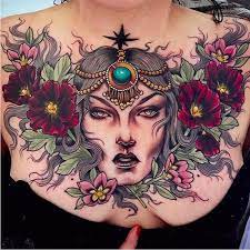 Black Top Large Pink Flowers And Green Leaves Large Female Face Tattoos For Women With Meaning Chest Tattoos For Women Rose Chest Tattoo Chest Piece Tattoos