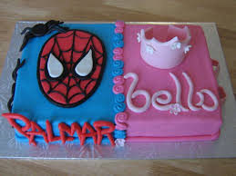 Split Birthday Cake For Brother And Sister Spiderman And Princess Twin Birthday Cakes Princess Birthday Cake Sister Birthday Cake