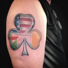 Irish flag in clover leaf tattoo on leg. American Irish Shamrock Tattoo Not Bad For First Tattoo At 65 Tattoo Irishtattoo Shamrock Americ Tattoo Designs Men Irish Tattoos American Flag Tattoo