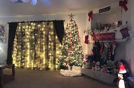 Living Room Christmas Decor Ideas Light Curtains Fireplace Mantel Christmas Tree Curtain Lights Christmas Light Curtains Christmas Decorations Living Room