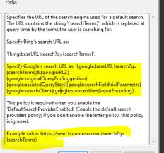 How to change default search engine in chrome (search bar!) to googlethe url is:{google:baseurl}search?q=%s&{google:rlz}{google:originalqueryforsuggestion}. Setting Google As Default Search Provider Group Policy Microsoft Tech Community