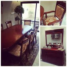 For Sale Wood Dining Table For 8 Person High Quality With Cabinet Mirror Buffet Like New Price 190 Bd للبيع طاولة طعام خشب فخمة ل 8 اشخاص مع طاولة جانبي