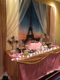 Hang a personalized parisian banner. A Night In Paris Backdrop And Candy Table Parisian Party Paris Birthday Parties Paris Birthday