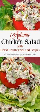 Although i generally just chop the chicken, you can this recipe calls for walnuts but pecan chicken salad is one of my favorites or you can add almonds or cashews. Autumn Chicken Salad With Dried Cranberries And Grapes Chicken Salad Recipe Easy Chicken Salad Recipes Chicken Salad With Grapes
