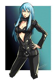 gin'oya, nemissa, devil summoner, soul hackers, 1girl, belt, blue  eyes, blue hair, bodysuit, breasts, center opening, cleavage, closed mouth,  collar, collarbone, long hair, looking at viewer, smile, solo, zipper 