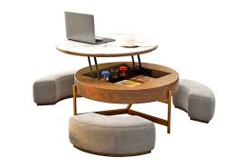 Canted legs with open lower shelves. This Amazing Rising Coffee Table Has 3 Integrated Ottomans That Hide Underneath It