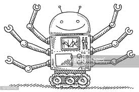 Black And White Robot Drawing Hand Drawn Vector Drawing Of A Multi Purpose Robot With 6 Arms How To Draw Hands Drawings Robots Drawing