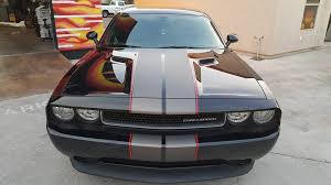 Black And Red Challenger Dodge Challenger Matte Charcoal Racing Stripes With Gloss Red Pinstripes Car Stripes Racing Stripes Dodge Challenger
