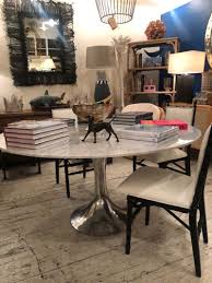 Picket house furnishings keaton 5 piece round dining set. 60 Stone Top Dining Table With Hammered Metal Base Mecox Gardens