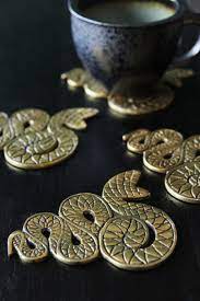 Set Of 4 Antique Gold Snake Coasters Rockett St George Unique Placemats Kitchen Art Coasters
