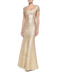 Herve Leger Lora Woodgrain Foil Print Bandage Gown Gold