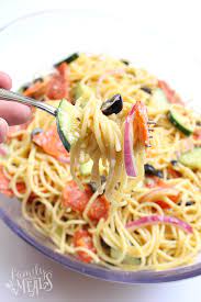 Spaghetti, pepperoni, black olives, cherry tomatoes, cucumber, red onion, and parmesan, all topped with a zesty italian dressing. Italian Spaghetti Pasta Salad Family Fresh Meals