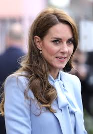 Kate Middleton Wears Cinderella Blue Bow Blouse, Blazer, and Navy Slacks in  Belfast