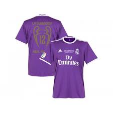 The picture showed a predominantly purple real madrid jersey with the classic adidas stripes on either side of the shirt. La Duodecima Purple 2017 Champions Road Short Jersey 2017 18 Real Madrid Kit