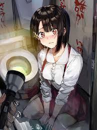 funi mu9, hanako-san (toire no hanako-san), toire no hanako-san, commentary  request, highres, 1girl, 1other, black hair, blood, blood writing, blush,  bob cut, flashlight, flower, from above, hair flower, hair ornament,  hairclip, holding,