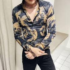 Black And Gold Clothes Men Mens Gold Black Mens Floral Printed Shirts Men Rose Gold Floral Fancy Shirts Mens Long Sleeve Camicia Uomo Camise Fancy Shirt Mens Shirts Long Sleeve Shirt Men