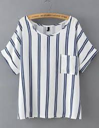Black And White Striped T Shirt Vertical Blue Vertical Stripe Pockets Loose T Shirt T Shirt Custom Trends Blusas Femininas Roupas Blusas Listradas