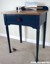 Lovely Farmhouse Chic Side Table Desk Painted Navy Blue With Cute Red Faucet Handle Drawer Pull Furniture Makeover Diy Drawer Handles Furniture Makeover