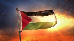 The palestine flag has three horizontal bands of color and a red arrow on the hoist side of the flag. Shutterstock