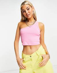 Asos Design One Shoulder Crop Top In Rib In Pink Asos