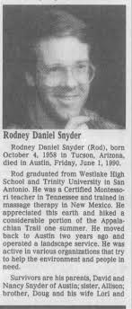 Obituary for Rodney Daniel Snyder, 1958-1990